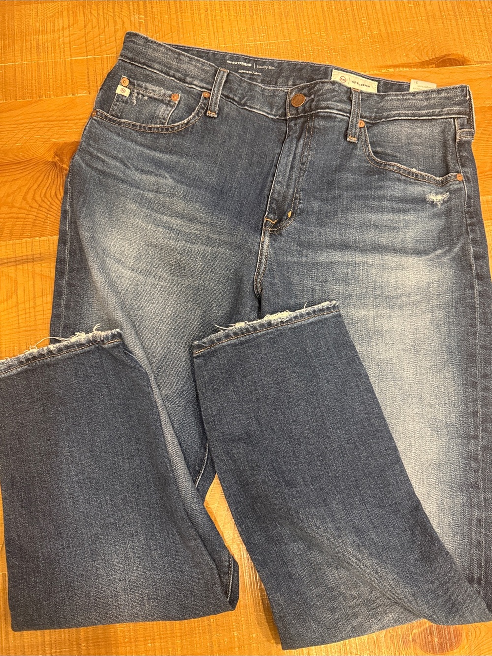Ag Adriano Goldschmied Distressed Medium Blue Straight-Leg Jeans